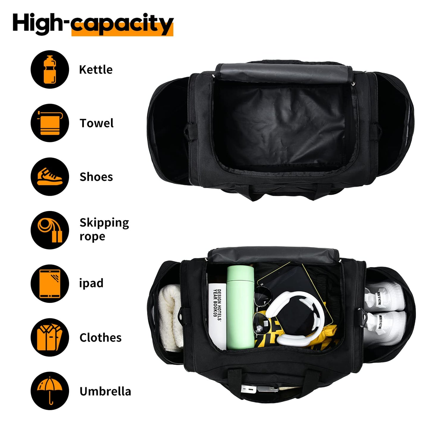 Gym Bag for Men - 55L Black Durable Large Duffle Bag for Travel, Workout, Fitness & Sport