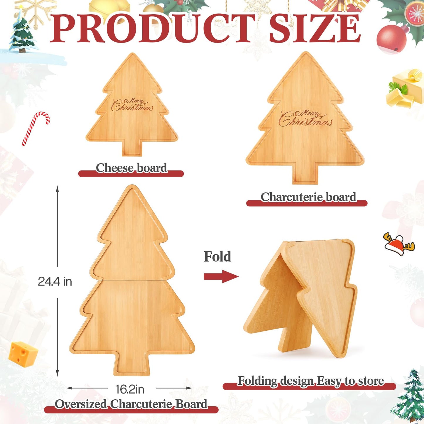 Liliful 76 Pcs Christmas Tree Charcuterie Board Accessories Set 24 x 16 Inch Large Wood Xmas Cutting Board with Cheese Knife Kitchen Gift Ideal Party Serving Platter Fruit Tray, Bamboo Color