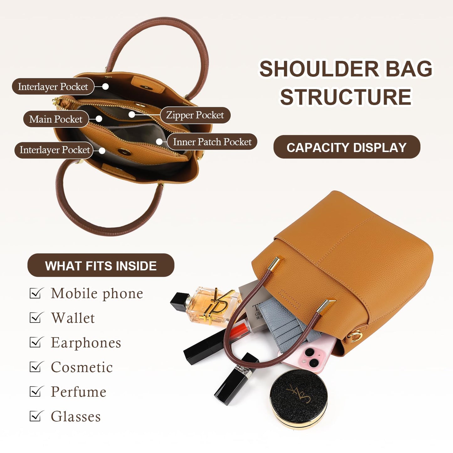 MFFOR Genuine Leather Crossbody Purses and Handbags for Women, Tote Shoulder Purse Bucket Handbag, Top Handle Satchel (Orange