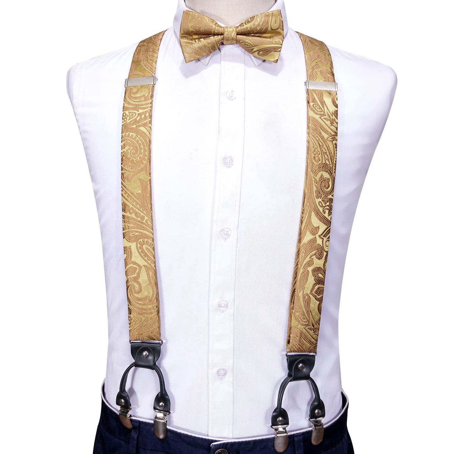 Barry.Wang Suspenders and Bow Tie Set for Men Solid Paisley Bowtie Y Shape Brace Handkerchief Cufflinks 6 Strong Clips