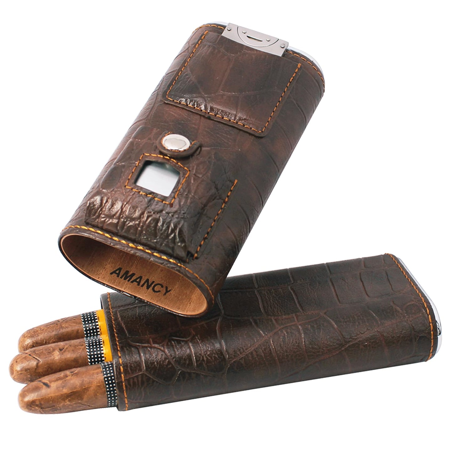 AMANCY Luxury 3 Holder Classy Black Brown Crocodile Pattern Leather Cigar Humidor Case Set with Lighter and Cutter - Great Cigar Gift Kit for men