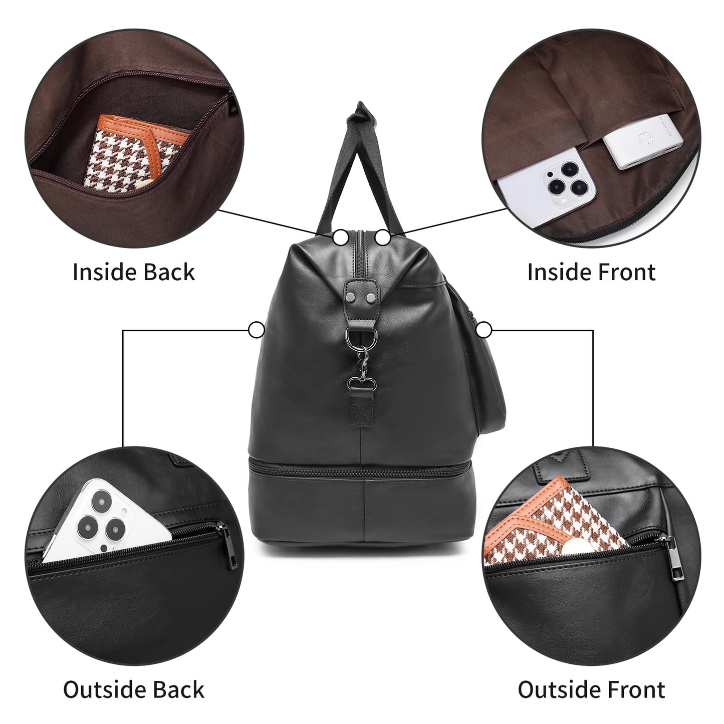 Pu Leather Travel Duffle Bag, Overnight Weekender with Shoe Compartment - Large Gym Bag for Men & Women - Black