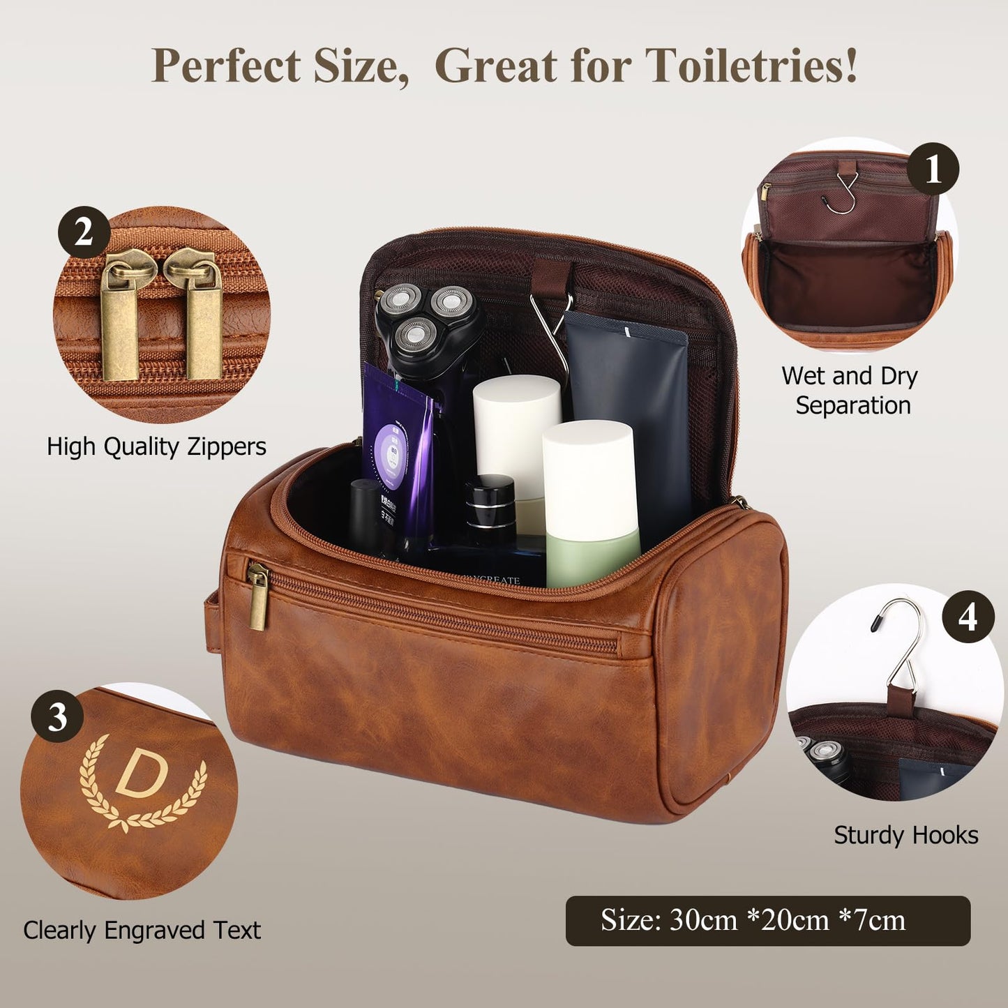 OXYEFEI Personalized Toiletry Bag for Men,Personalized Gifts for Men,Engraved Initial PU Leather Mens Toiletry Travel Shaving Travel Essentials Toiletries Bag for Him Birthday (J, Light Brown)
