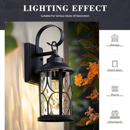 zeyu 2 Pack Industrial Wall Mounted Lights, 16 Inch Outdoor Wall Sconce Lantern, Die-Cast Aluminum, Black Finish with Water Ripple Glass, ZX111B-2PK BK-WG
