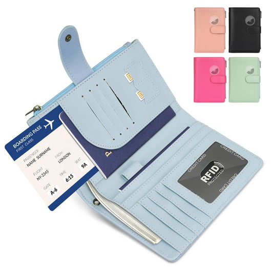 RFID Passport Holder for Women/Men Travel Gifts, Large Capacity Passport Wallet, Family Travel Documents Organizer with Card/Airtag Slots, Zipper coin pocket, Cash Holder Passport Cover Case (Blue)