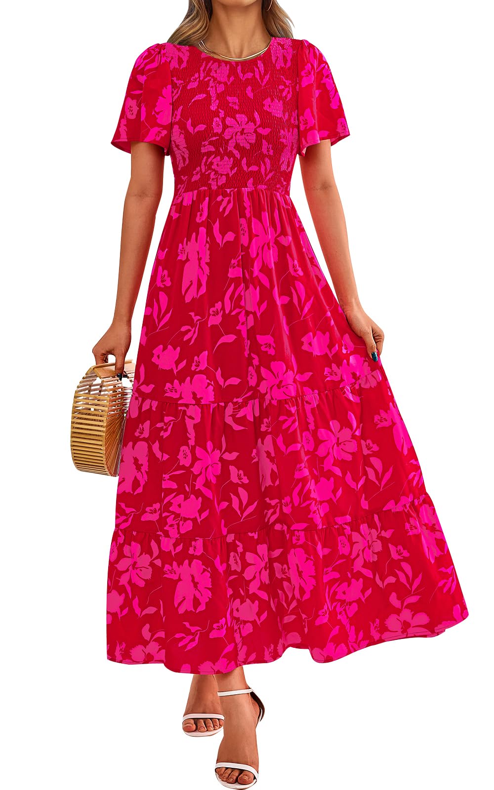 PRETTYGARDEN Women's 2025 Summer Casual Flutter Short Sleeve Boho Floral Maxi Dress Crew Neck Smocked Tiered Long Dresses