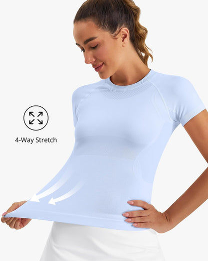 Stelle Women Workout Tops Short Sleeve Seamless Athletic Shirts Yoga Gym Sports Breathable Tees(Blue,S)