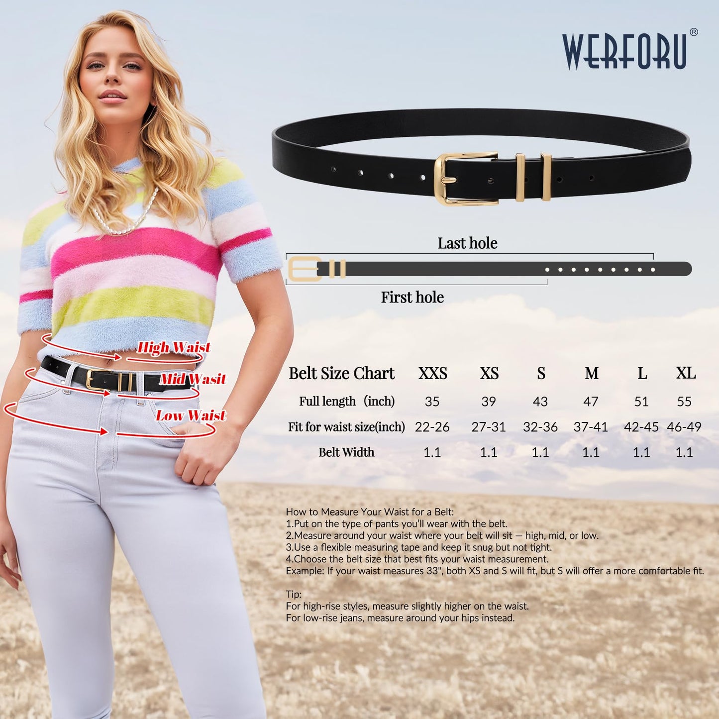 WERFORU 3 PACK Women Belt Women Fashion Leather Belts for Jeans Pants Ladies Belts with Gold Buckle,B-Black+Brown+Beige-gold,Fit Waist Size 32-36 Inches