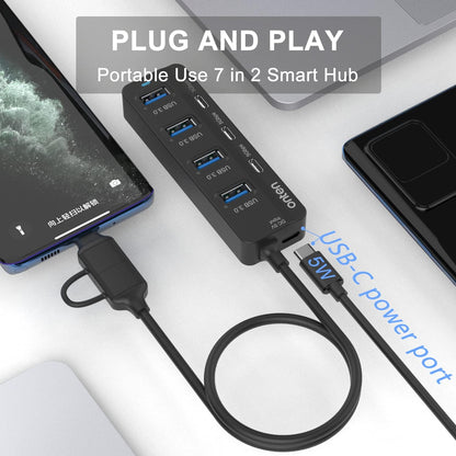 Onten USB C Hub,7 Ports USB3.0 to USB-C HUB with a USB C to USB 3.0 Adapter. 3.2ft Cable 4*USB3.0 Ports,3*USB C Ports forThunderbolt 3/4 MacBook Surface Pro and More USB/USB C Devices