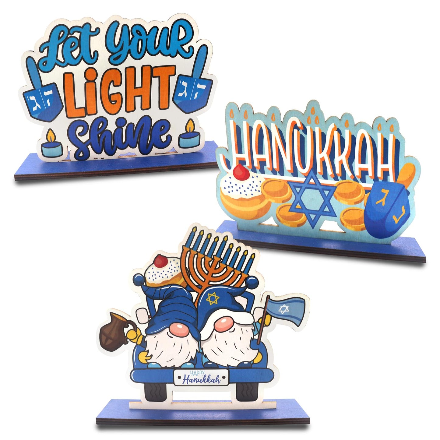 Estivaux 3 PCS Happy Hanukkah Table Centerpieces Chanukah Menorah Table Topper Decor Star of David Wooden Signs Jewish Festival Gnomes Wooden Centerpieces for Table Home Hanukkah Decorations
