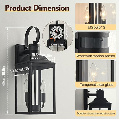 18.9" Black Motion Sensor Outdoor Wall Lantern, 2-Light Industrial Porch Light with Clear Glass Waterproof Exterior Light Fixture Sconce for Outside Porch, Patio, and Garage (1 Pack)