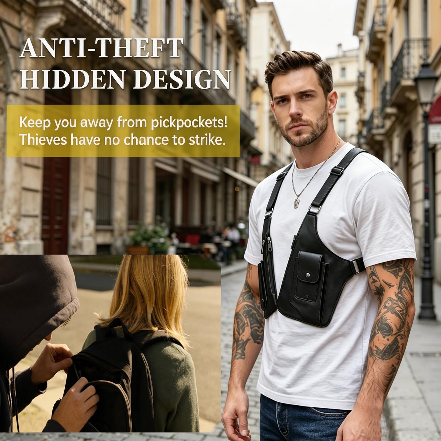 Adjustable Underarm Strap,Premium Leather Shoulder Bag for Men, Double Shoulder Bag Fashion Underarm Holster Wallet Adjustable PU Leather Waterproof Anti-Theft Harness for Men Father Gifts (Black)