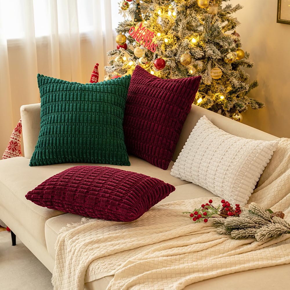 MIULEE Pack of 2 Burgundy Corduroy Decorative Pillow Covers 18x18 Inch Soft Boho Striped Throw Pillow Covers Modern Farmhouse Home Decor for Sofa Living Room Couch Bed