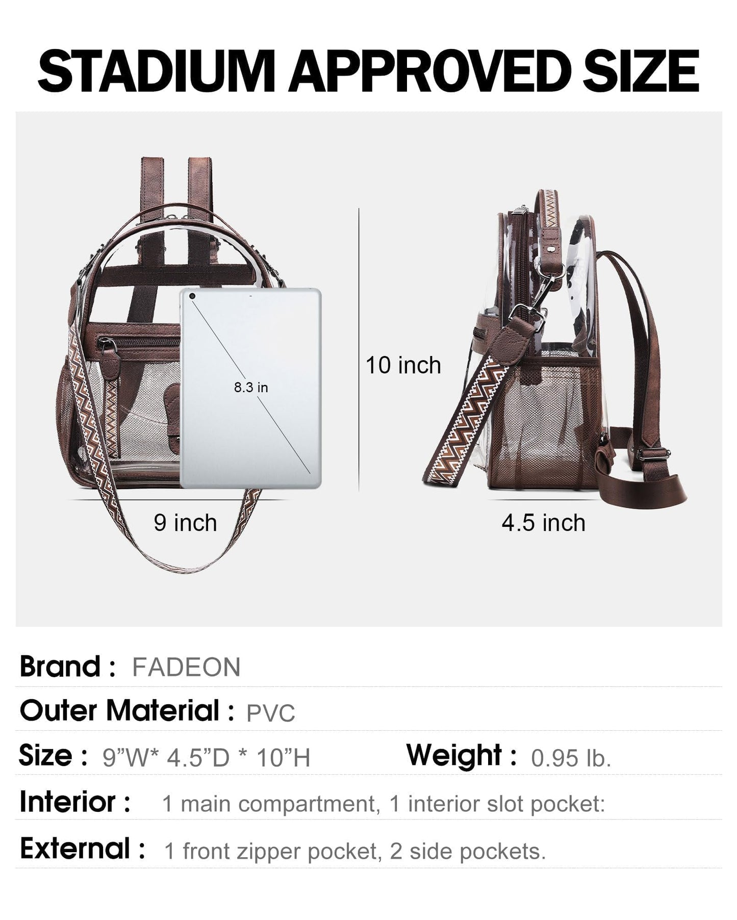 FADEON Clear Small Backpack Purse for Women, Designer Transparent Shoulder Handbag, PVC Mini Clear Bag for Stadium Approved
