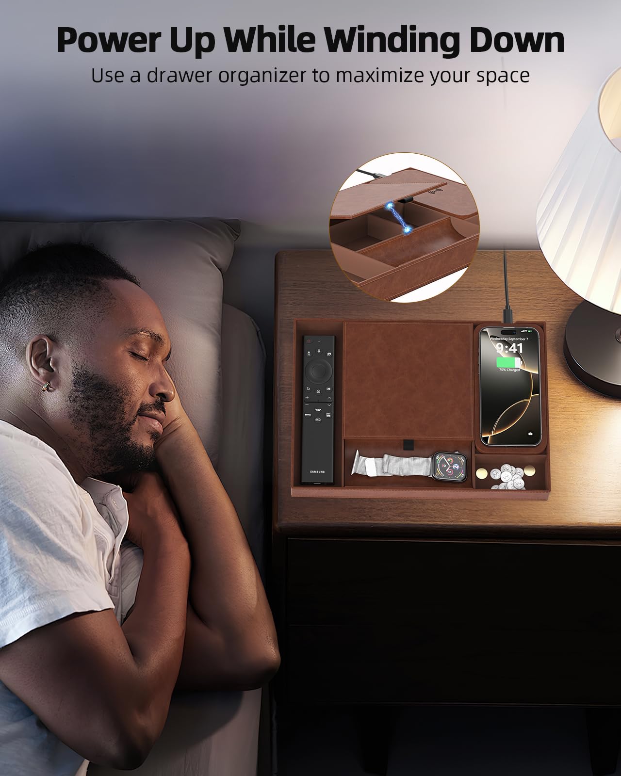 Leather Valet Tray with Wireless Charging Pad - Luxury EDC Nightstand Organizer for Men - Premium Desk Tray for Phone, Watch, Glasses & Keys - Sleek Office Desk Accessories & Gift for Him, Brown