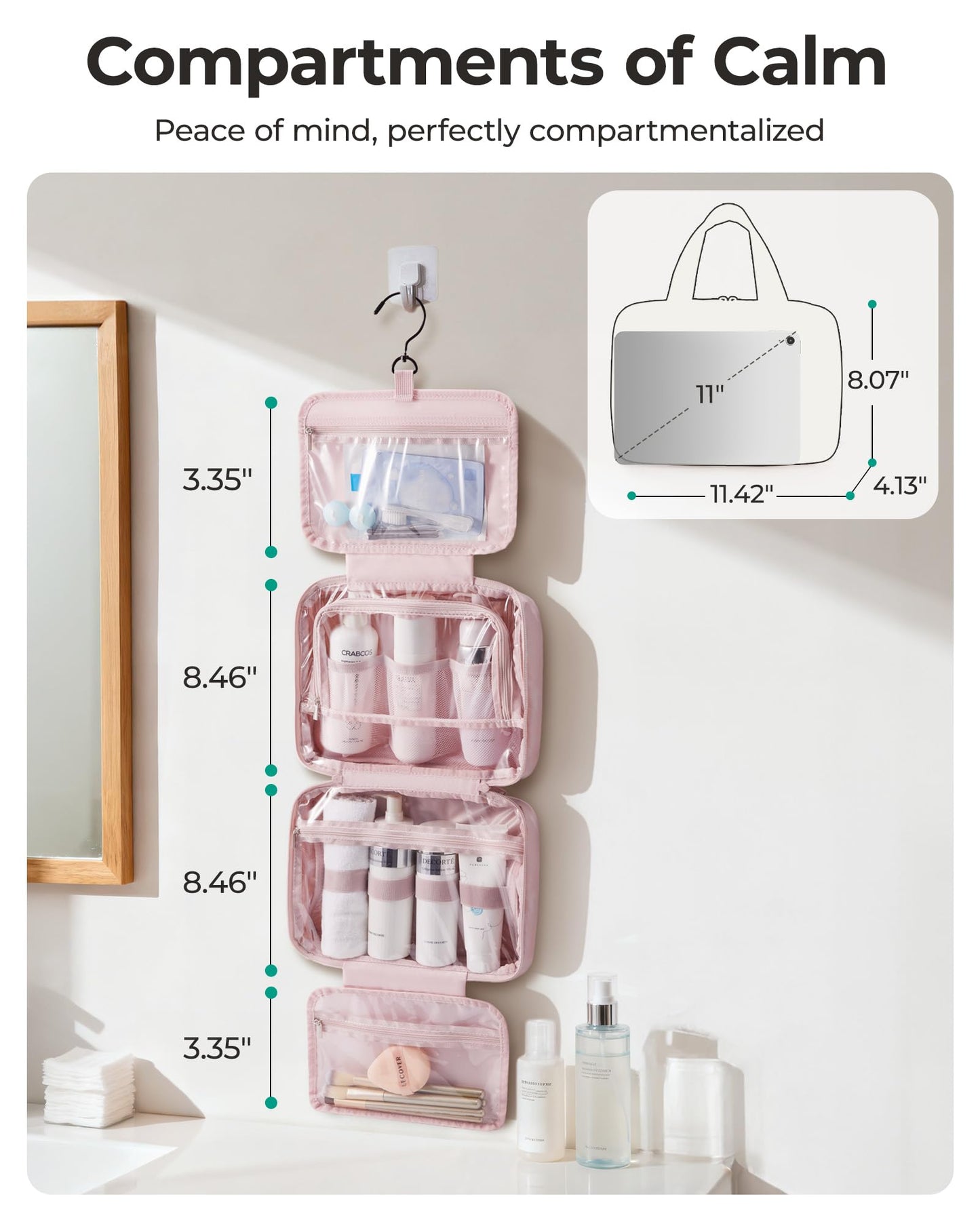 BAGSMART Travel Toiletry Bag for women, Portable Hanging Hook Makeup Bag Organizer, Waterproof Makeup Cosmetic Bag, for Full-Size Accessories, Toiletries, Pink
