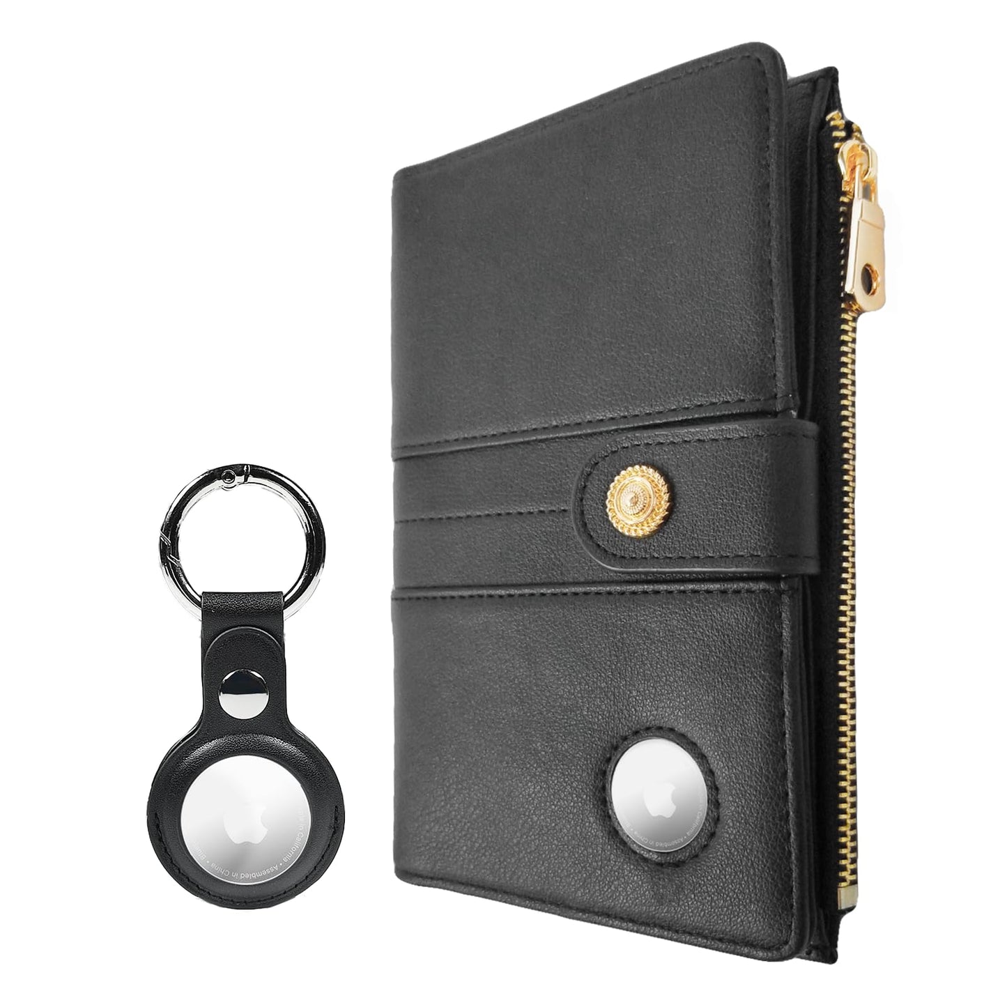 elzama Women's RFID Blocking Passport Wallet, Black with Airtag Holder, Includes Keychain & Pen Holder, Zippered, 11 Pockets, Faux Leather, Slim
