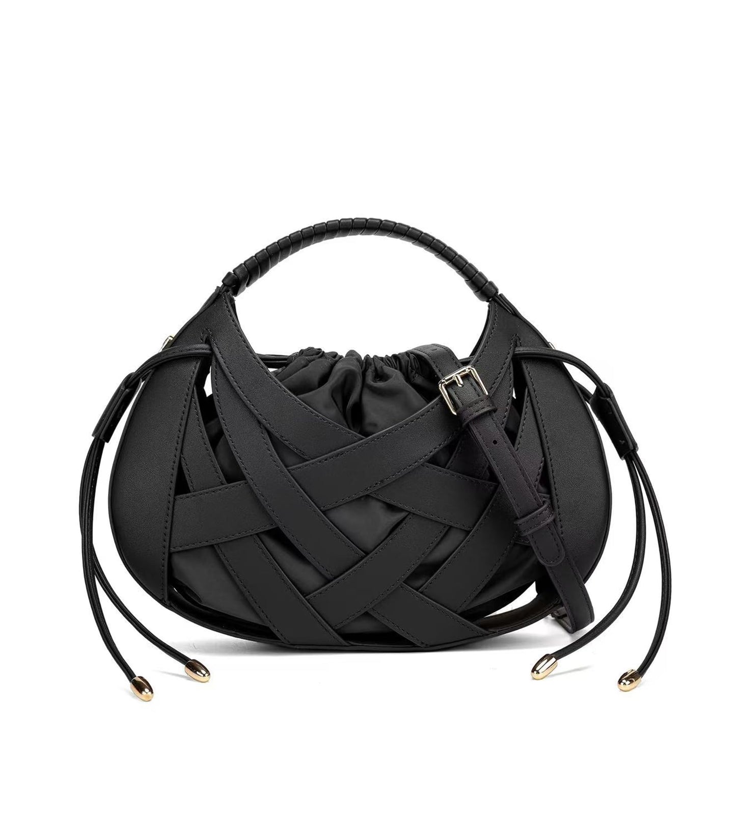 myfriday Woven Crossbody Bag for Women, Semicircle Boho Handbag Vegan Leather Shoulder Hand Purse with Drawstring (Black)