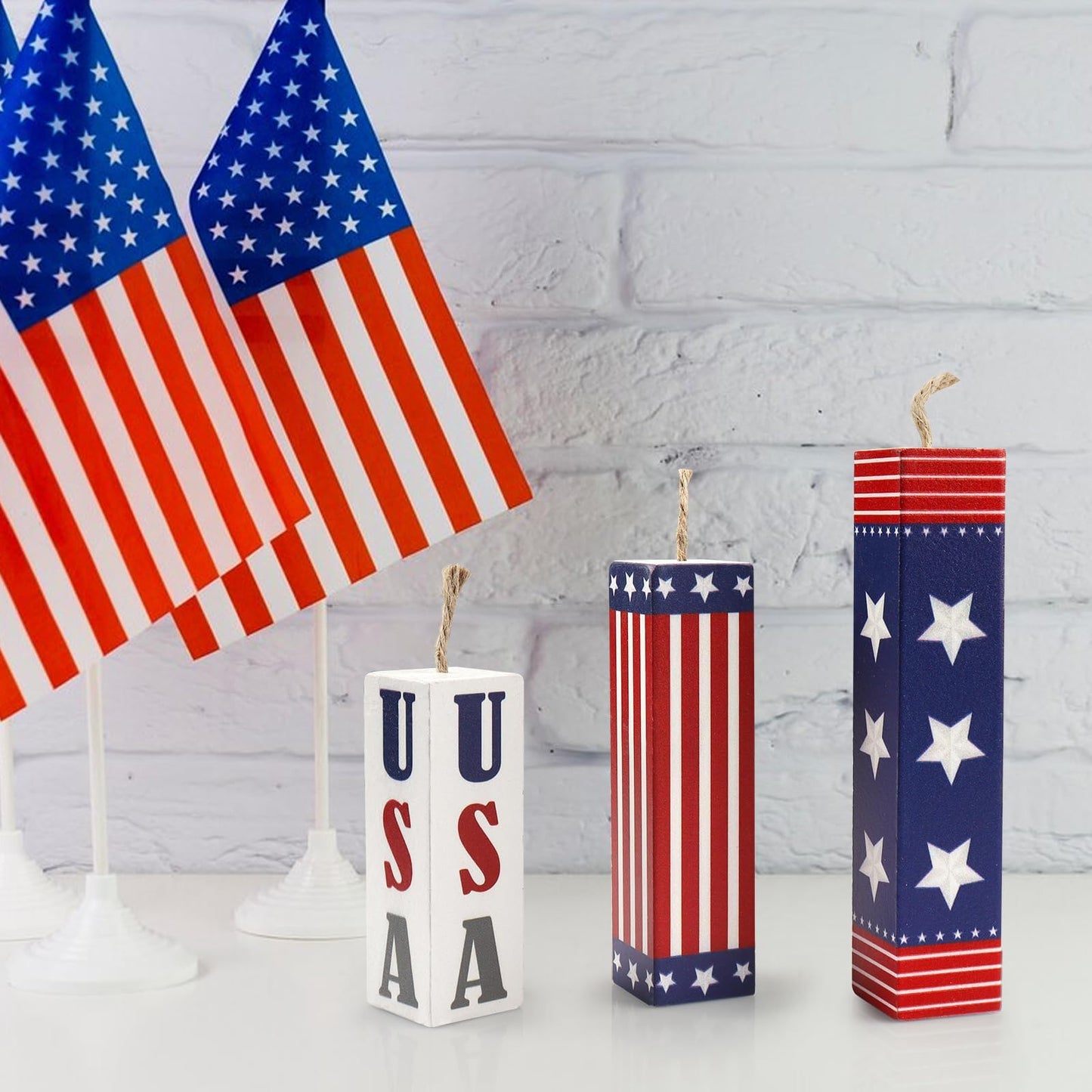 Hying 3 Pieces 4th of July Wooden Block Centerpieces for Table Decorations, Rustic Patriotic Tiered Tray American Stars and Stripes Table Centerpieces for Memorial Day Party Supplies
