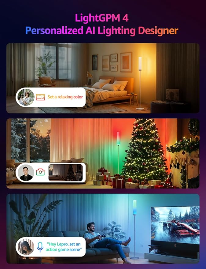 Lepro O1 AI Floor Lamps, 2300LM Smart Standing Lamp Works with Alexa, Modern Floor Lights with Music Sync, Personalized AI Lighting Designer,RGB Lamps for Living Room,Bedroom, APP Control, 2.4GHz Only