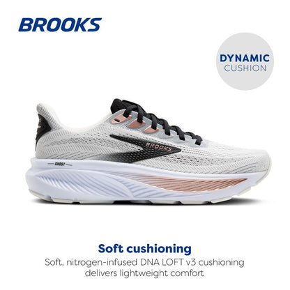 Brooks Women’s Ghost 17 Neutral Running Shoe - White/Black/Rose Gold - 8.5 Wide
