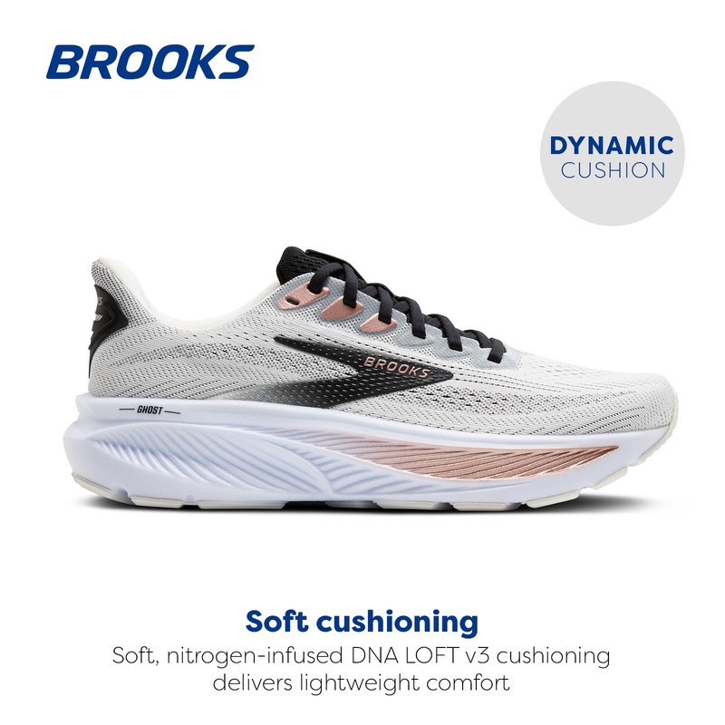Brooks Women’s Ghost 17 Neutral Running Shoe - White/Black/Rose Gold - 7.5 Wide