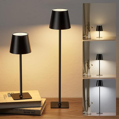 JACKYLED Cordless Lamp DIY Height, 3 Color Stepless Dimming, 5000mAh Battery Operated Lamp Portable Rechargeable for Bedroom Dinning Kitchen Metal Black, 2 Pack