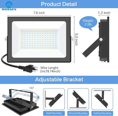MORSEN 100W Flood Lights Outdoor, 18000lm Bright LED Work Light with Plug, 6500K Daylight White LED Flood Lighting, IP66 Waterproof Security Yard Lights for Yard Garage Stadium 2 Pack