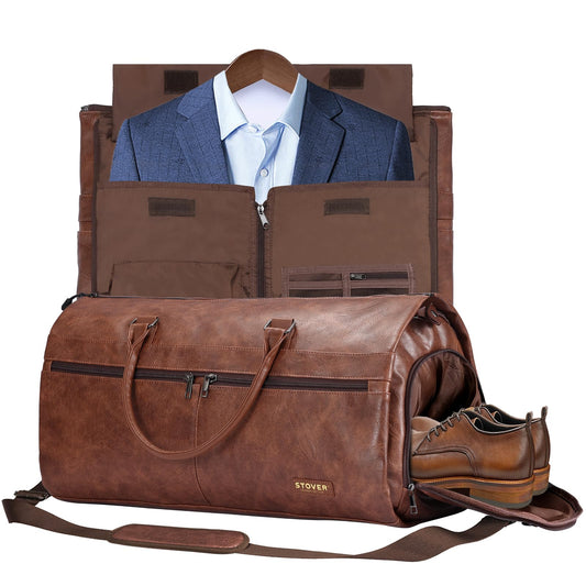 STOVER Garment Travel Duffle Bag, Large 2-in-1 Convertible Carry-on Luggage for Men & Women- Hanging Suits, Dresses & Clothes + Shoe Compartment- Weekender Tote Combo Duffel (Brown Leatherette)