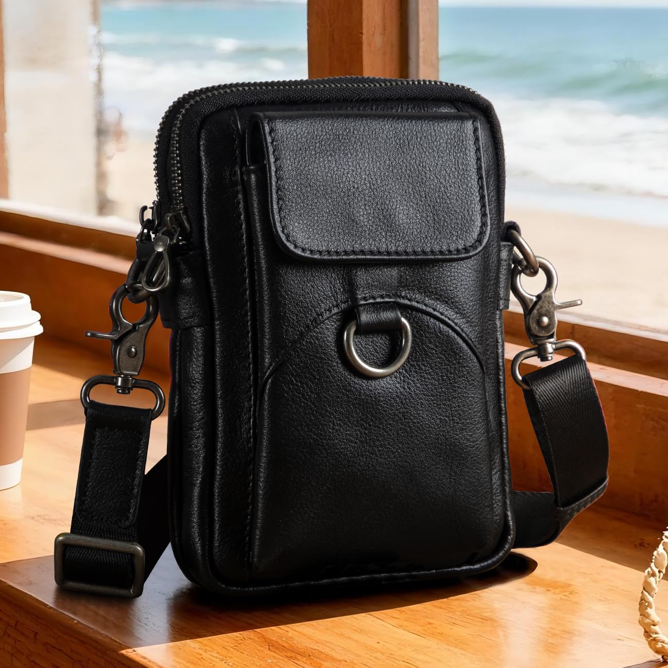 Augus Genuine Leather Small Crossbody Bag Cell Phone Messenger Purse Shoulder Handbag for Daily Use for Women and Men (Black-1)