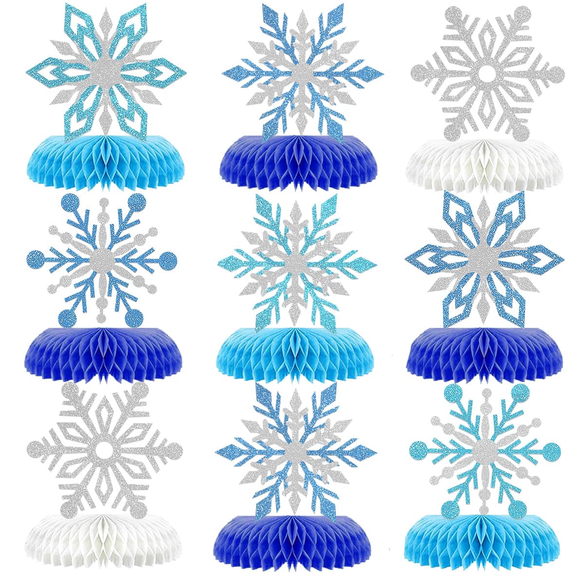 9Pcs Winter Wonderland Decorations 3D Snowflake Honeycomb Table Centerpieces for Frozen Winter Blue White Theme Christmas Baby Shower Birthday Party Supplies (Snowflake)