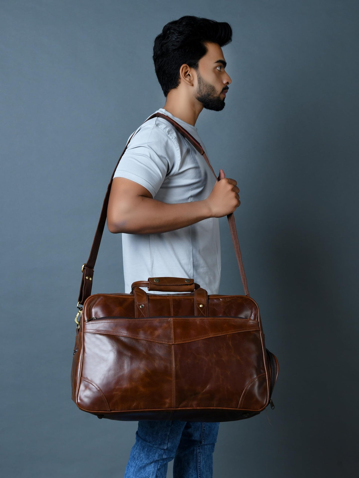 Duffle Bag For Men and Women, 21 Inch Vintage Buffalo Leather Travel Duffle Bag, Genuine Carry On Overnight Bag, Weekender Gym Bag with Shoulder Strap, Carry on Airplane Luggage Bags