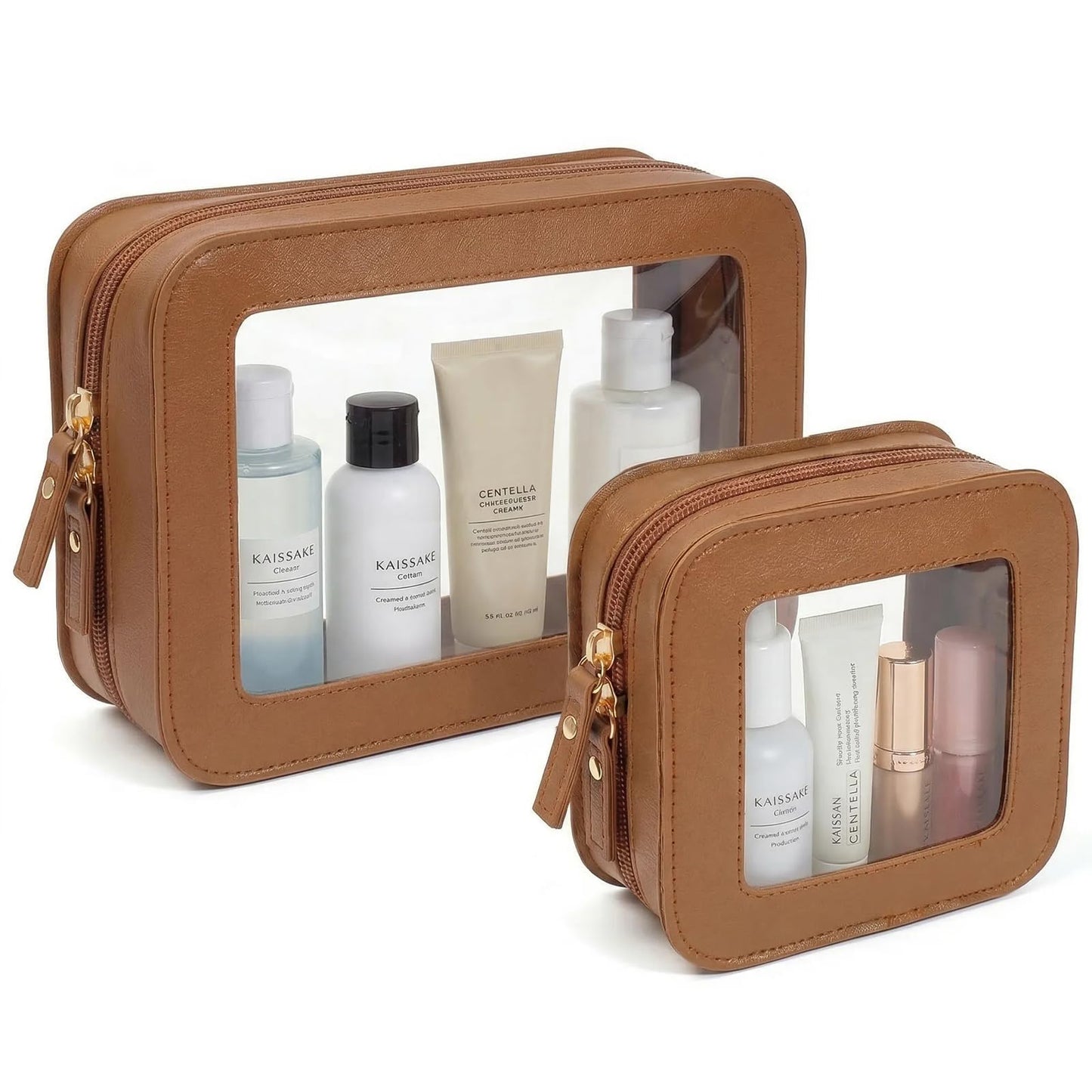 LETGO Clear Makeup Bag Organizer Set, Travel Toiletry Bag Cosmetic Case for Women, Portable Make up Skincare Pouch Car Organizer Bag with Zippers for Essentials (2Pack-Standard & Square, Brown)