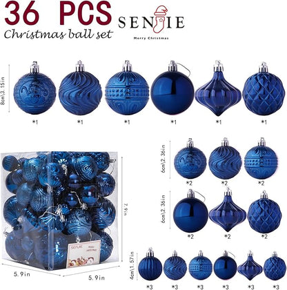 Senjie 36pcs Night Blue Christmas Ornaments Set with 7 Styles Multi-Size Shatterproof Christmas Tree Decorations