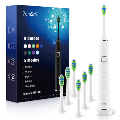 7AM2M Sonic Electric Toothbrush with 6 Brush Heads for Adults&Kids, One Charge for 120 Days, Wireless Fast Charge, 5 Modes, 40000VPM Powered Toothbrush, 2 Minutes Built in Smart Timer (Black)