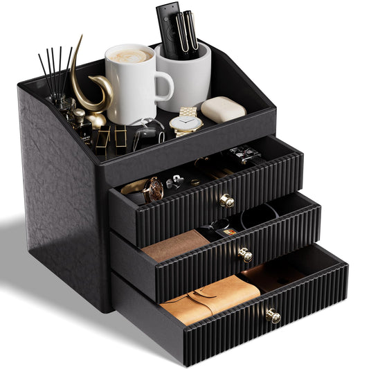 LADSTAG Desk Organizers and Accessories,Black Vegan Leather Desktop Organizer with 3 Drawers & Tray for Bedroom,Bathroom,Lipstick,Nail Polish,Skincare,Perfume,Jewelry Box