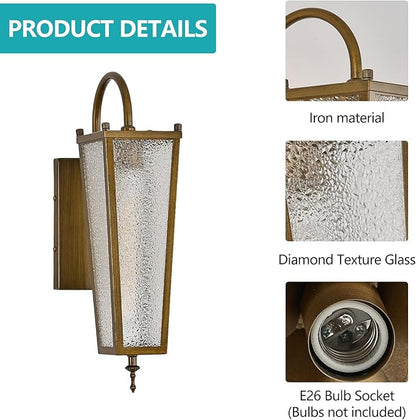Outdoor Wall Light, Vintage Gold Metal Sconce, 17.1in Exterior Waterproof Lantern with Clear Glass, Farmhouse Porch Wall Mount Lighting for Garage, Patio, Front Door
