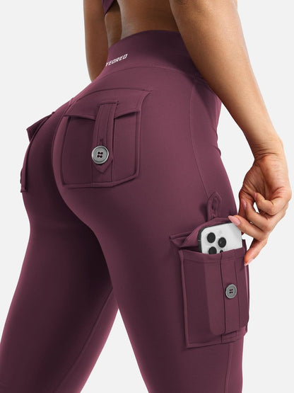 YEOREO CoreFlex Women Workout Flare Leggings with Pockets Hidden Scrunch High Waisted Cargo Gym Yoga Leggings Dark Cherry XL