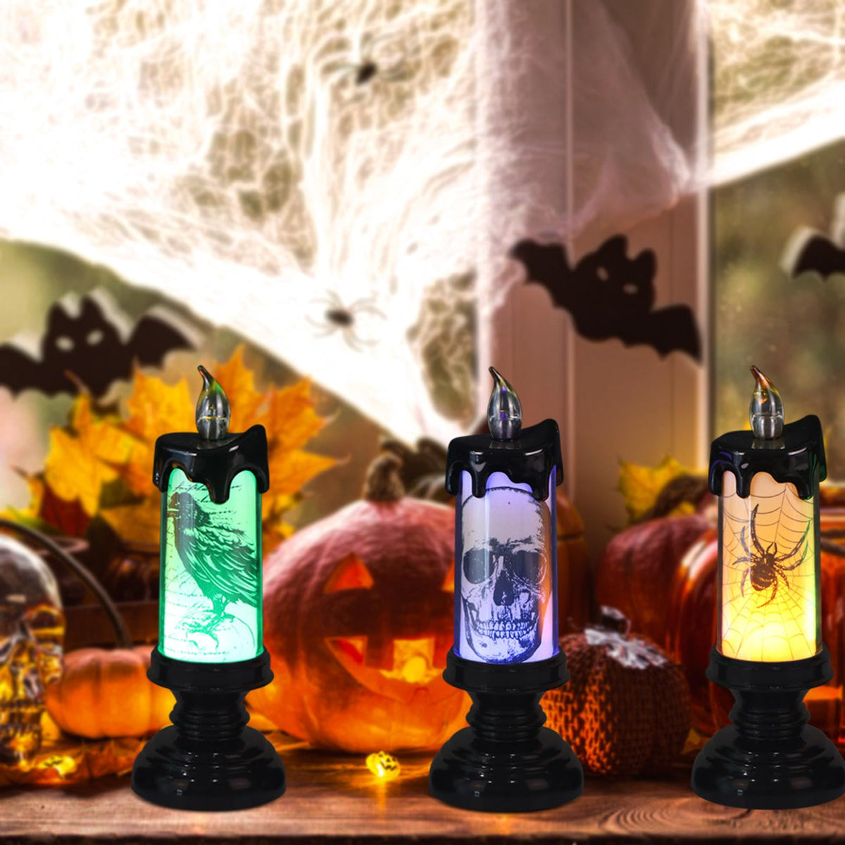 Eldnacele Halloween Flameless Candle Lamp Battery Operated with Remote and Timer, Spooky Horror Skull Crow Spider Decals LED Candle Lights Indoor Home Decor Candles Set of 3, 2.8" D x 7.8" H