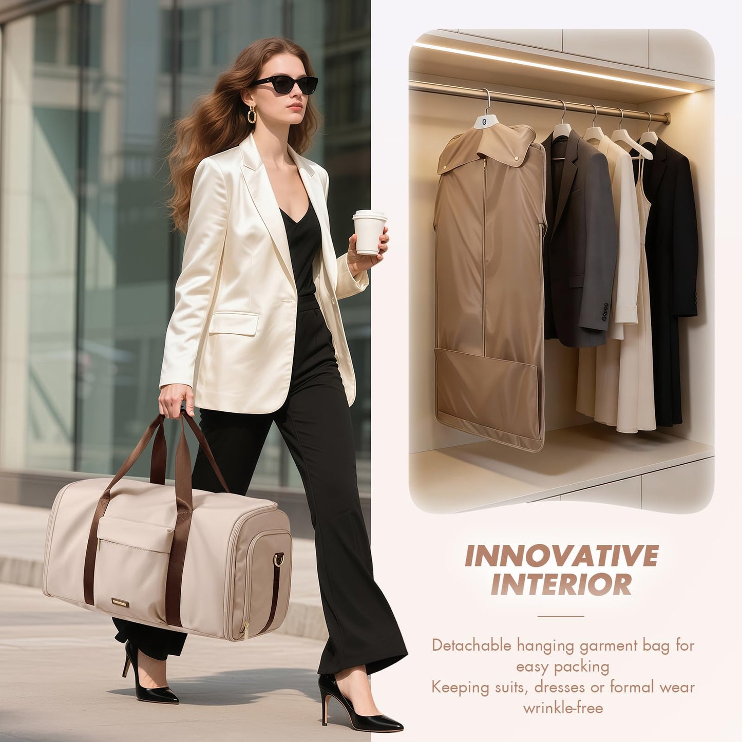 GOLF QUALITY Convertible 2-in-1 Garment Bags for Travel,Women Men Carry On Garment Duffle Bag With Shoe Compartment,Hanging Suit bag,48L,Apricot