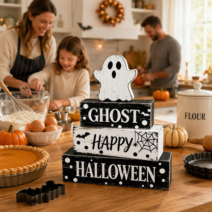 4 Pcs Ghost Halloween Decor Rustic Black and White Polka Dot Wooden Tiered Tray Block Signs Farmhouse Spooky Halloween Table Centerpiece Decor for Home Kitchen Shelf Coffee Bar