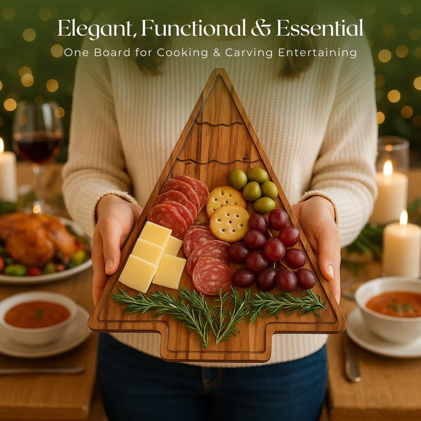 Aurah Acacia Wood Christmas Tree Cutting Board 13.5x11 Inch - Chopping Board with Handle, Xmas Cheese Appetizer Tray, Wooden Decorative Serving Platter for Kitchen & Holiday Party