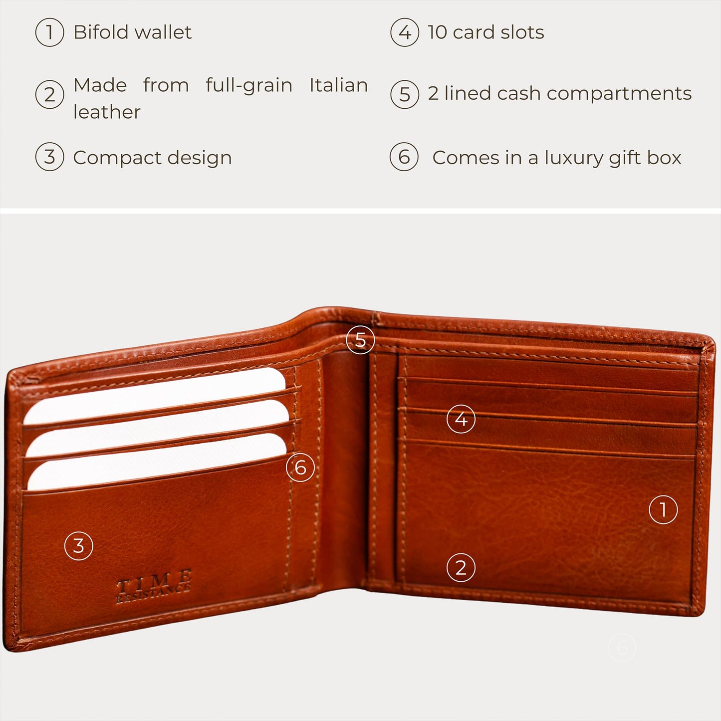 Time Resistance Leather Wallet – Italian Handmade Minimalist Billfold for Cards and Cash – Slim Full-Grain Leather Wallet (Cognac)
