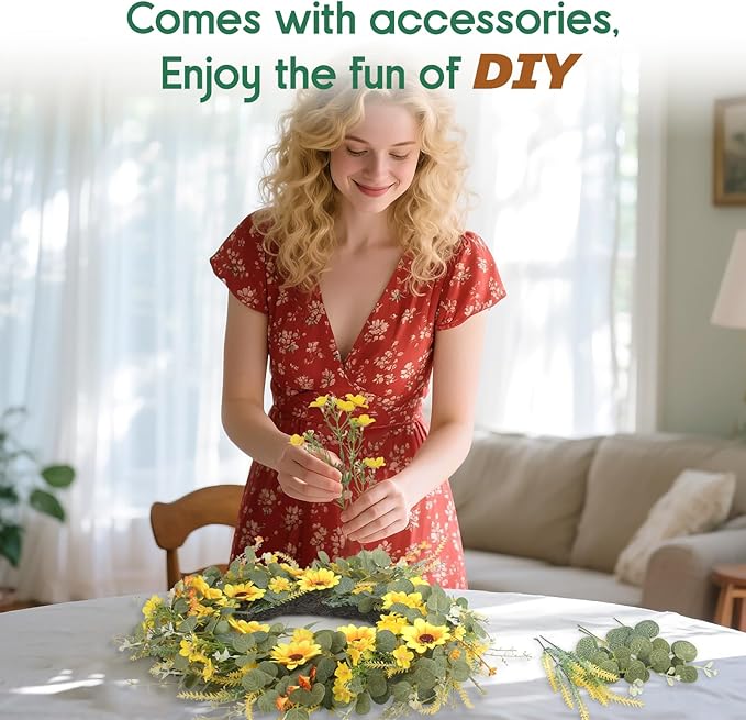 24" Sunflower Wreath for Front Door - Artificial Floral Lush Summer Wreath with Adjustable Headband & DIY Decor for Wall, Home, Wedding, Party, Christmas (Yellow)