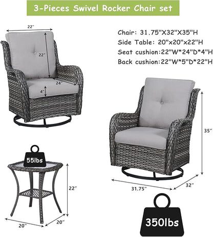Rilyson Wicker Rocking Chair Swivel Chairs – 6 Piece Rocker Patio Furniture Set Rattan Rocking Bistro Sets with Glass Top Side Table for Outdoor Porch Deck Garden Backyard(Mixed Grey/Grey)