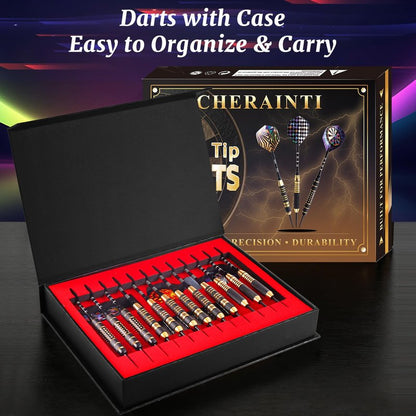 CHERAINTI Darts Metal Tip Set, 12 PCS Professional Steel Tip Darts for Dartboard with 20g 22g 24g Brass Barrels, 18 Aluminum Shafts, 36 Flights, 50 Rubber O-Rings, Sharpener Tool Kit and Gift Box