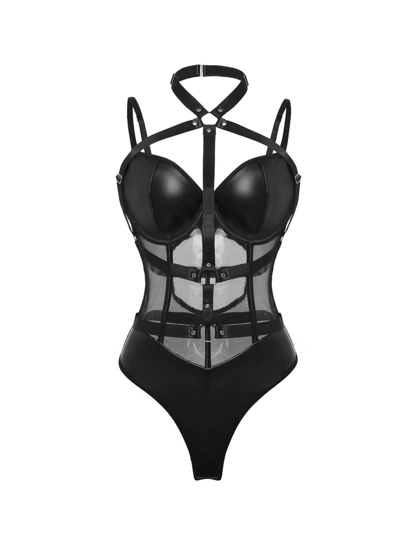 Lilosy Sexy Crisscross Choker Leather Underwire Push Up Mesh Sheer Babydoll Women Harness Teddy Bodysuit Nightgown Nightshirt One Piece Pu Latex Black Medium