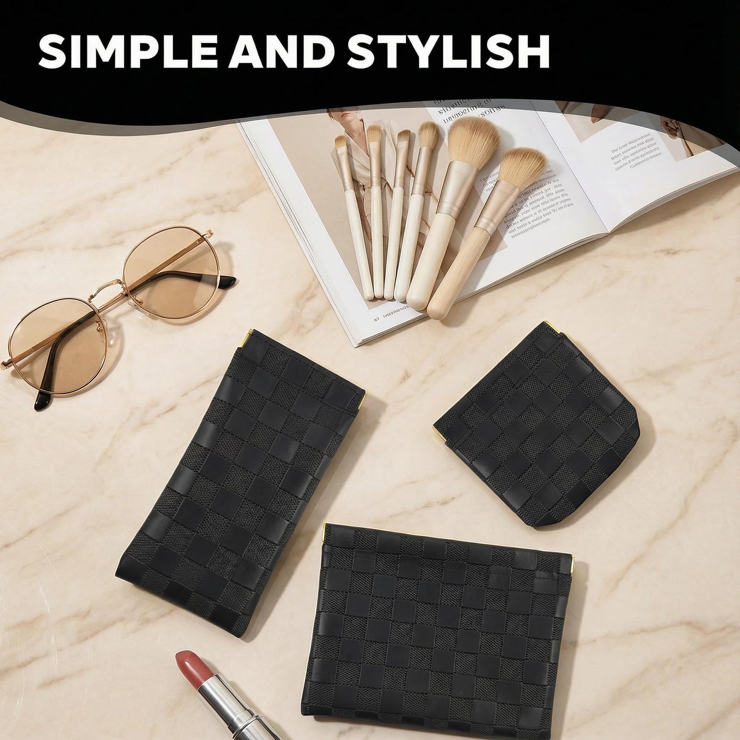 3Pcs Small Makeup Bag for Purse, Waterproof Portable Checkered Leather Makeup Pouch, Small Purse Pouches for Purse Small Coin Purse Organizer Pouches Snap Closure Pocket Cosmetic Bag for Women (Black)