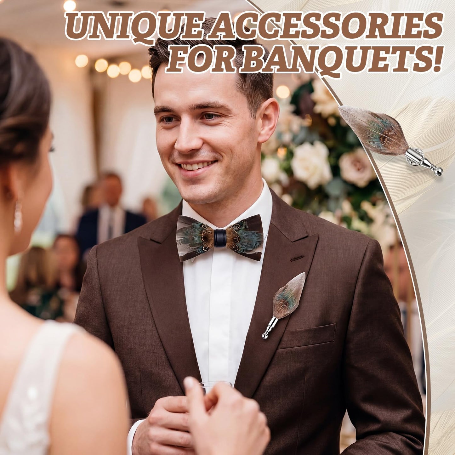 Suhine Pre Tied Feather Bow Tie for Men, Handmade Formal Bow Tie with Brooch, Wood Gift Box Set for Wedding Tuxedo Party (Brown Turquoise)