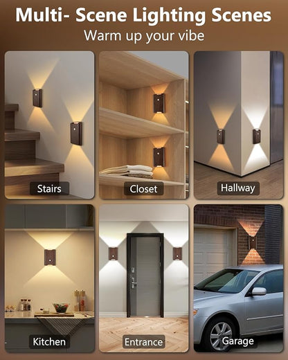 2 Pack Rechargeable Motion Sensor Wall Sconce – 5000mAh Wireless Battery Operated Wall Light, 3 Colors Up/Down Lighting Night Light with Remote Control for Indoor Stairs, Bedroom, Hallway (Walnut)